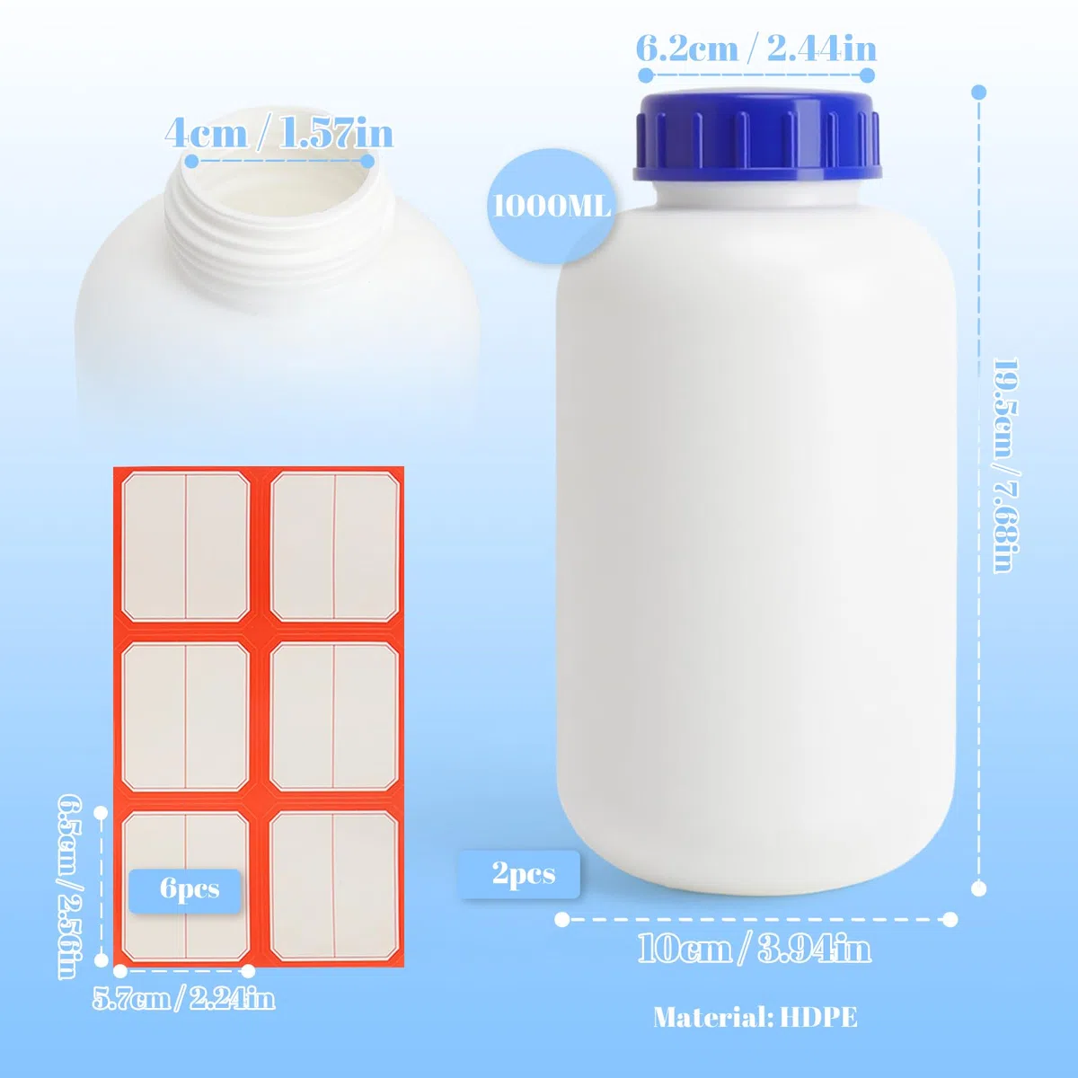 Bottiglia bocca larga 1L flacone laboratorio 1000ml flacone HDPE bottiglia plastica,set 2 pezzi bottiglia con tappo a vite ermetica alimentare con etichetta per cucina laboratorio officina stoccaggio