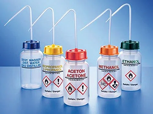 063446 500 ml Bottiglia di lavaggio con collo largo, con stampa "acetone, tappo rosso