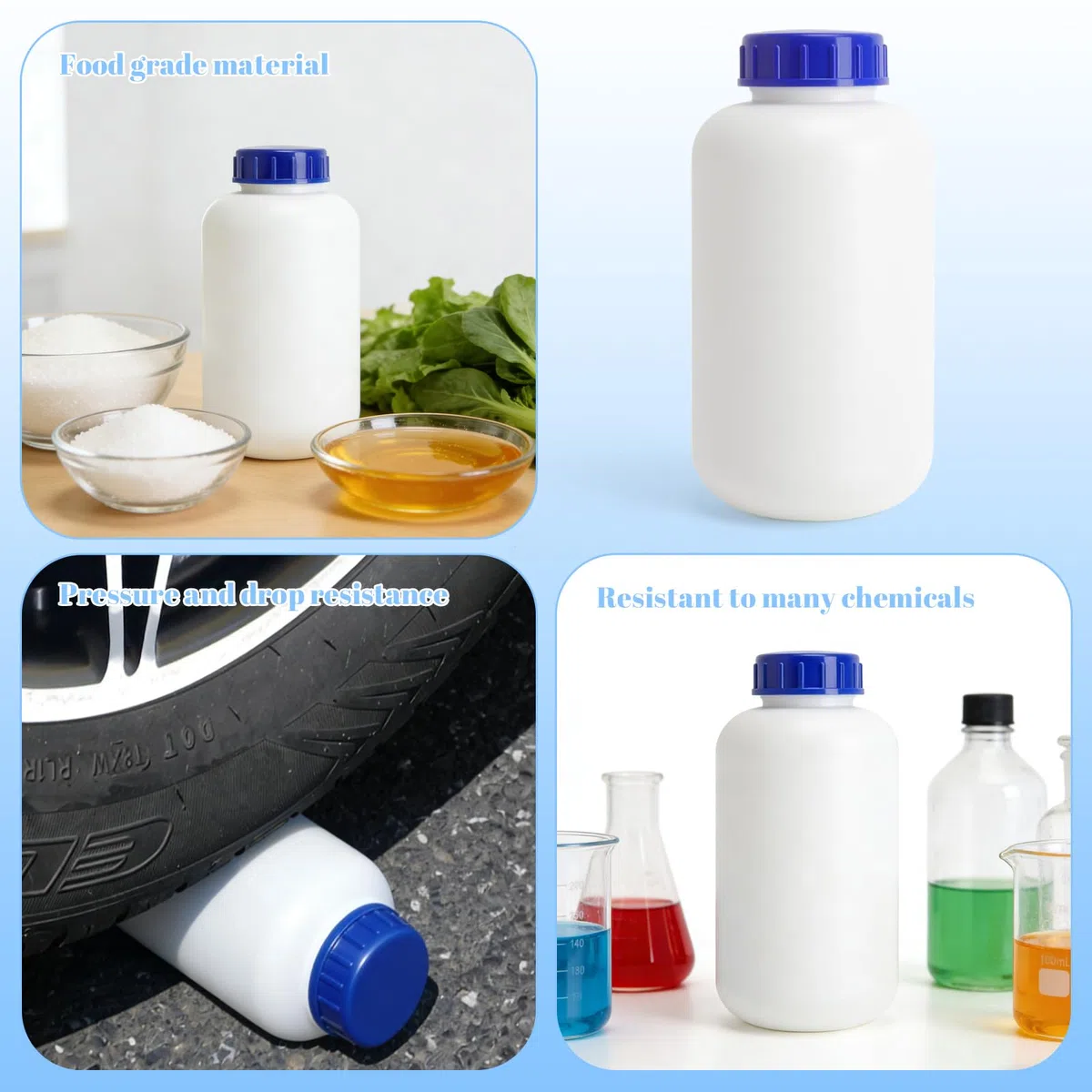 Bottiglia bocca larga 1L flacone laboratorio 1000ml flacone HDPE bottiglia plastica,set 2 pezzi bottiglia con tappo a vite ermetica alimentare con etichetta per cucina laboratorio officina stoccaggio