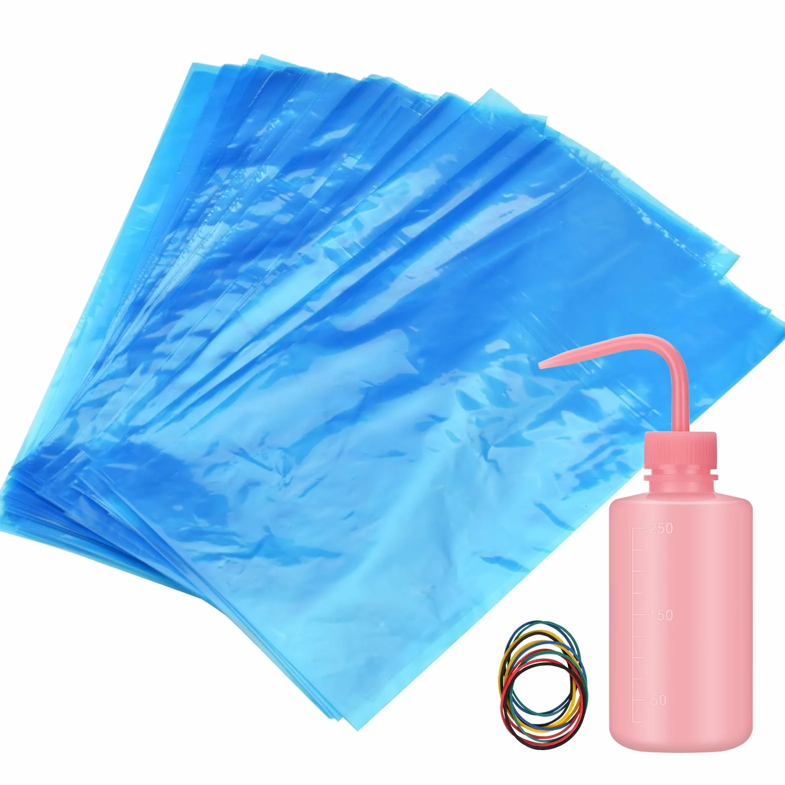 ATOMUS 100 sacchetti e coperture per bottiglie per tatuaggi, 15 x 25,6 cm, 250 ml, in LDPE blu, con bottiglia da laboratorio da 250 ml, ideali per la pulizia dei tatuaggi e scopi correlati