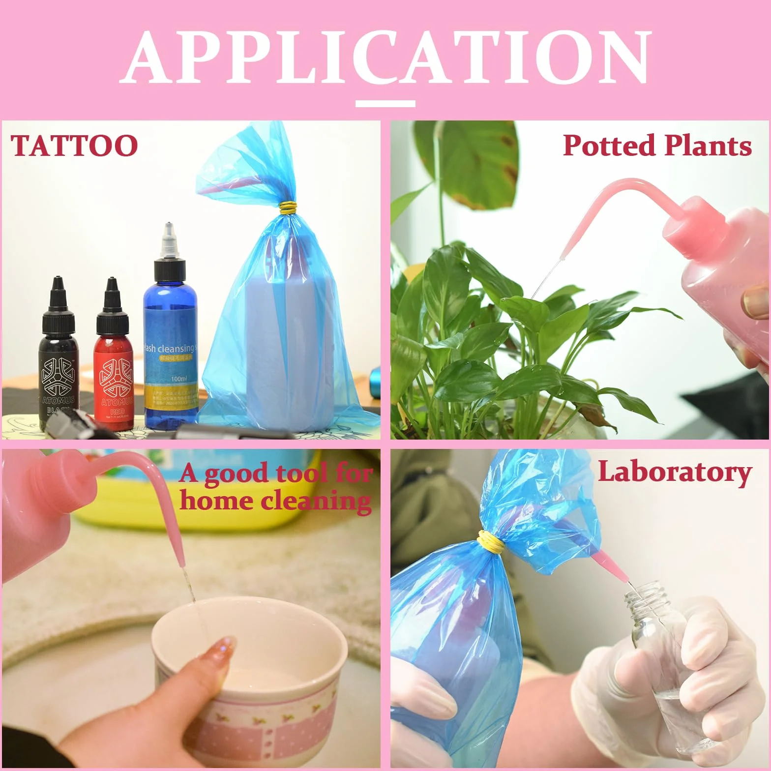ATOMUS 100 sacchetti e coperture per bottiglie per tatuaggi, 15 x 25,6 cm, 250 ml, in LDPE blu, con bottiglia da laboratorio da 250 ml, ideali per la pulizia dei tatuaggi e scopi correlati
