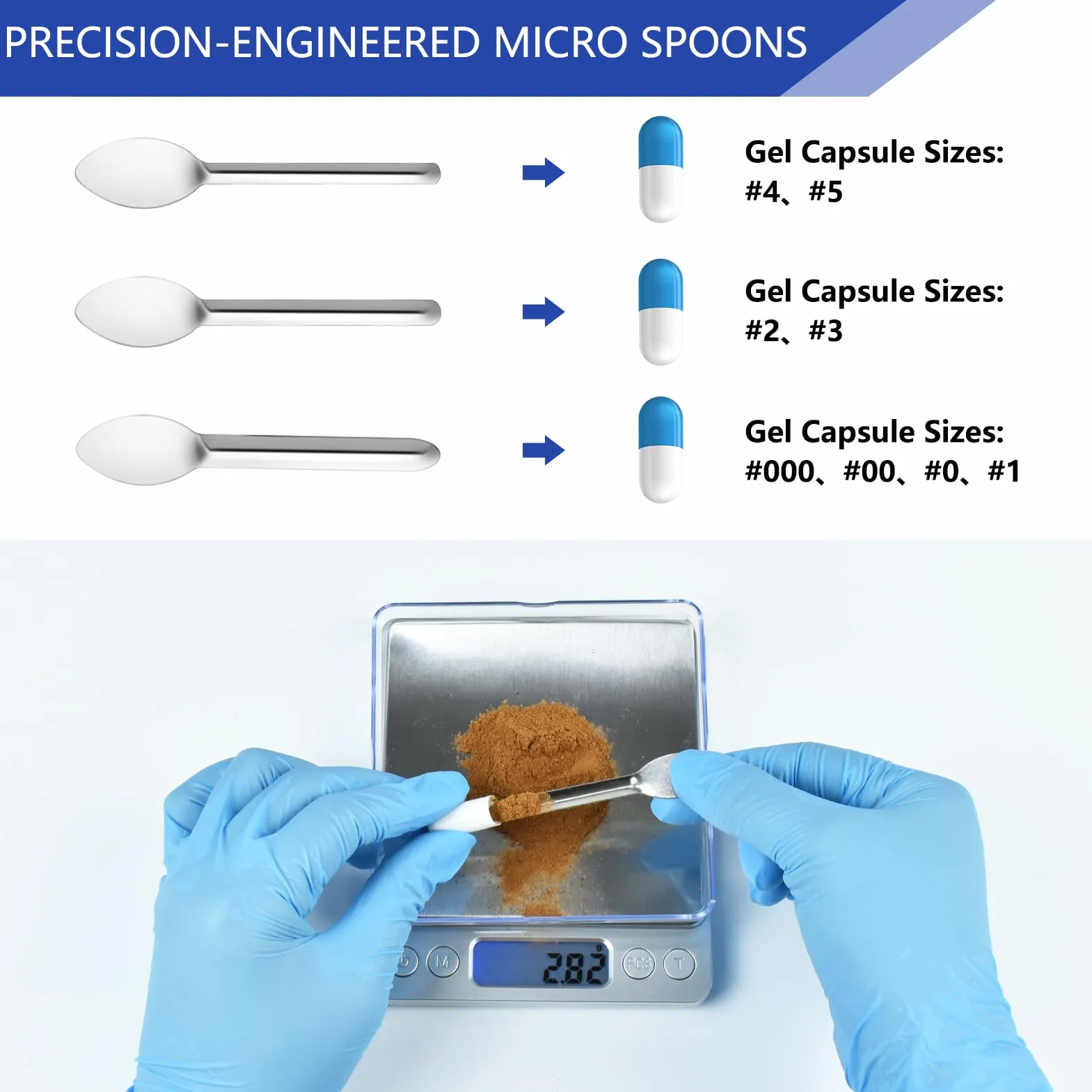 Artcome Set versatile di strumenti di riempimento per pillole, pala da laboratorio, padella, schiacciapane e porta capsule, strumento ideale per medicinali e integratori alimentari, tutte le